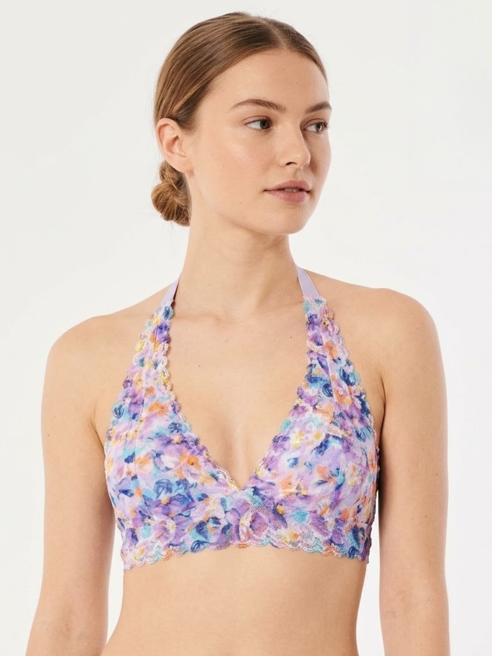 Gilly Hicks Sydney Floral Lace Halter Bralette Small Plunge Scalloped Watercolor